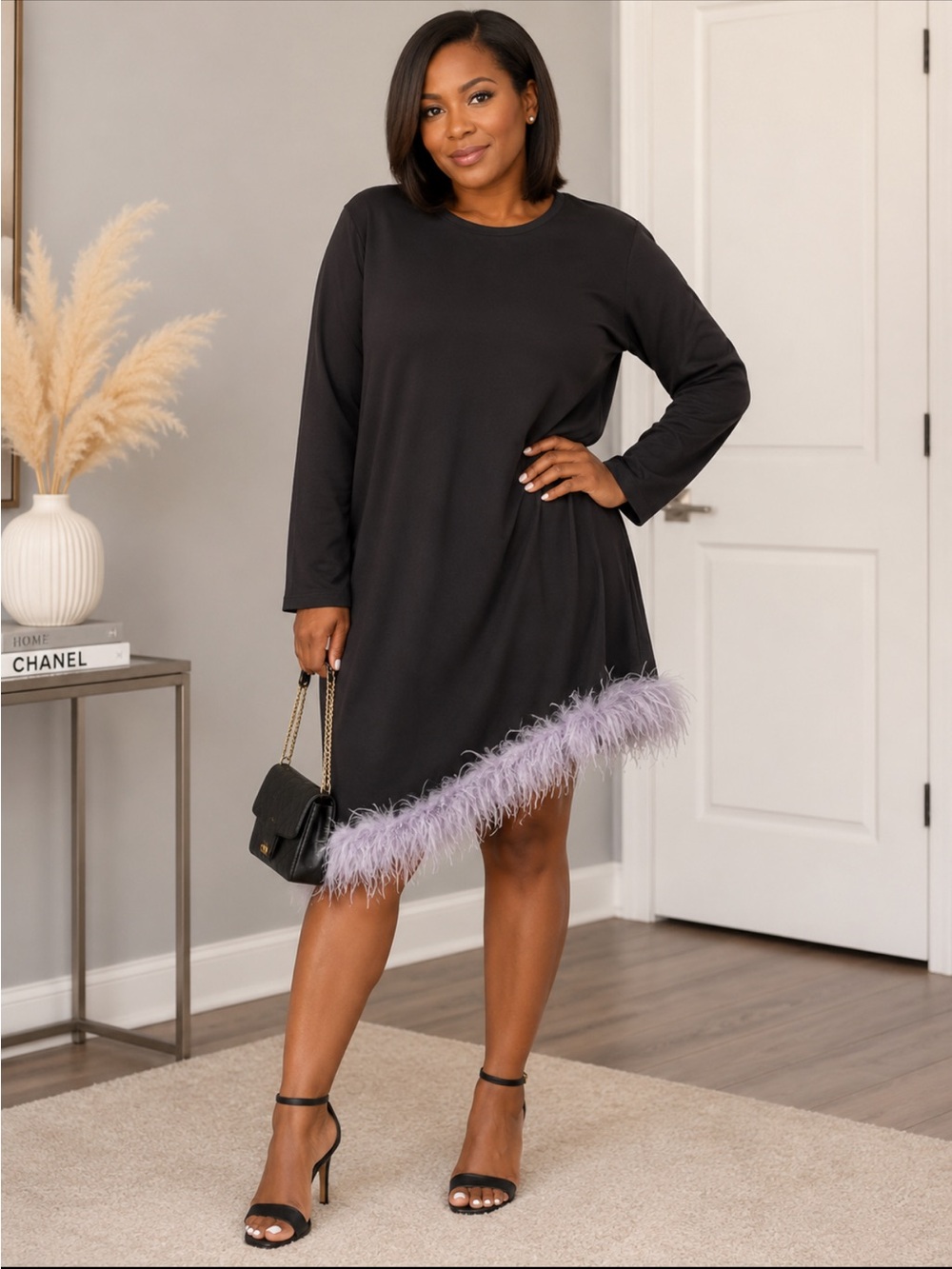 STYLEWE Black Long-Sleeve Dress with Lilac Feather Hem